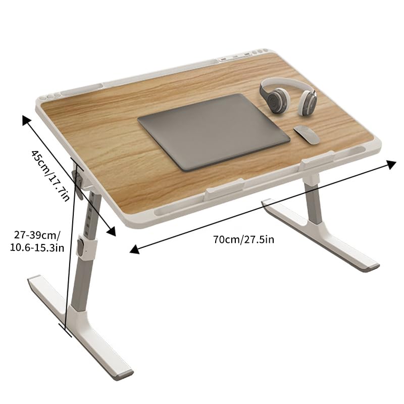 Faltbarer Laptop-Schreibtisch, Holzmaserung, große Fläche, Größe XXL, 70 x 45 cm, 8 Höhen und Winkel, verstellbarer Betttisch, Lerntablett, Laptop-Ständer für Bett, Couch, Sofa mit 2 Stoppern