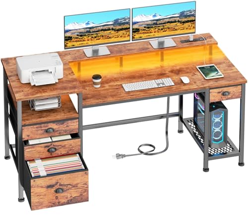 Furologee 60' Computer Desk with 4 Drawers and Printer Space, Gaming Desk with LED Lights and USB...