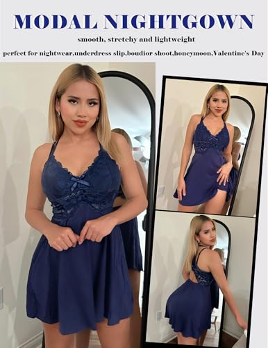 Image of Avidlove Sexy Modal V Neck Lace Babydoll Lingerie Dress Set with Thong 2 Piece