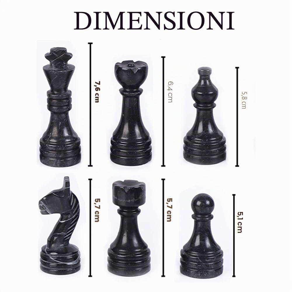 Pezzi di scacchi in marmo, set completo con pezzi di marmo ponderati, compatibilità con scacchiere in marmo 40 x 40 cm, eleganza senza tempo nei pezzi di scacchi (nero e bianco)