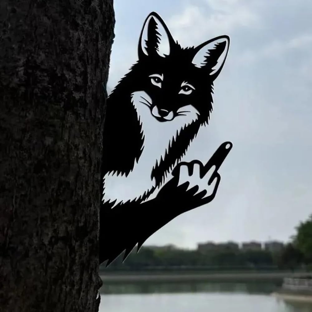Jytrew Peeping Middle Finger Animal Metal Sign, Squirrel Flipping Off Bigfoot Yard Art Decor, Peaking Animal Wall Art Ornament Corner Tree Fence Farmhouse Outdoor Garden Decoration(Fox,16IN)