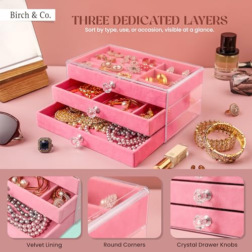 Image of Birch & Co. Jewellery Box - 3 Layer Jewellery Organizer Storage Box, Portable Travel-Friendly Storage. Elegant Storage Case for Rings, Earrings, Necklaces & Bracelets, Pink