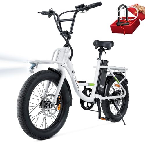 isinwheel U7 Electric Bike, 20"×3.0 Fat Tire Step-Thru Electric Bicycle, 80KM Range & 32KM/H Top Speed, 48V 10.4h Removable Battery, 7 Speed, LCD Display, 500W Commuting Ebike for Adults Whi