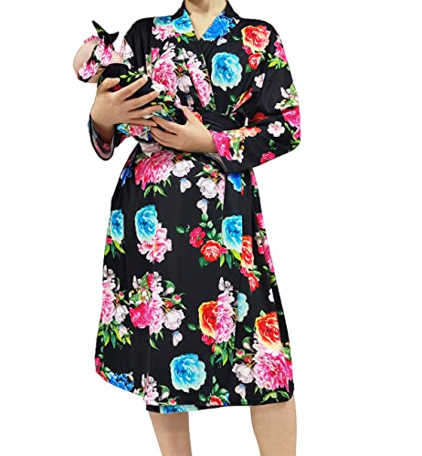 Image of SUFEINI Maternity Robe and Matching Baby Swaddle Blanket Set, Mommy Robe with Receiving Blanket Girls Boys Sleepwear