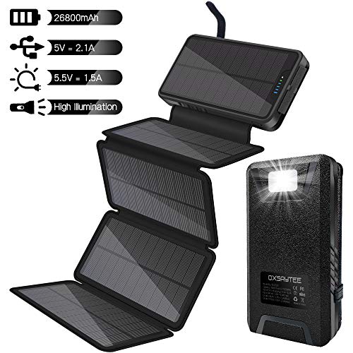 Oxsaytee Powerbank Solar Externer Akku Solar Ladegerät mit Solar Panels Dual USB 2.1A, Notfall-Energie mit LED-Licht & Haken für iPhone,Samsung, iPad,und andere Smartphones/Handys, Wasserdicht