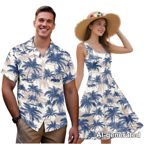 Image of Hawaii Matching Couple Outfits Husband and Wife Clothing Fashionable Mens Casual Shirts Hawaii Dress with Soft Fabric