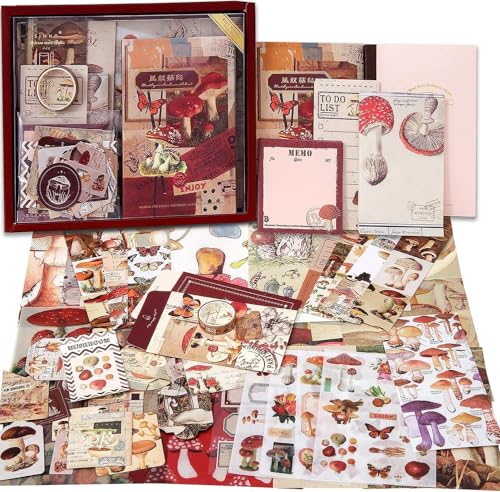 Image of RANDEN Mushroom Journaling Kit, 346PCS Vintage Scrapbook & Stationery Set with Aesthetic Stickers, Ephemera Pack and Journal Supplies for Bullet Journals, Planners, Albums & Creative Crafts (Mushroom)