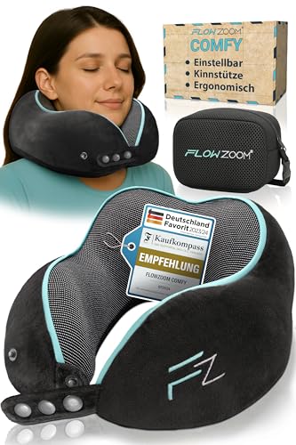 FLOWZOOM Comfy Nackenkissen für Flugzeug & Auto - Einstellbares Memoryschaum Nackenhörnchen mit flexiblen Druckknöpfen für 360° Stütze, atmungsaktiver waschbarer Bezug - inkl. Beutel - Schwarz