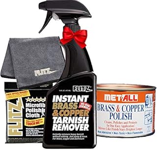 Flitz BC 01806 Instant Brass and Copper Tarnish Remover 16 oz Spray Cleaner + 16 oz Metal Polish Paste Cream + EXTRA LARGE Microfiber Cloth Shine Away Corrosion