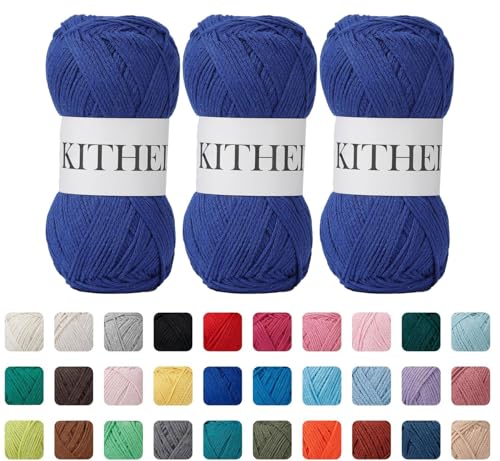 KITHED Cotton Yarn50% Cotton 50% Polyester-10.5oz526yard3 Pack Soft Yarn for Crocheting and Knitting (24 Sapphire Blue)