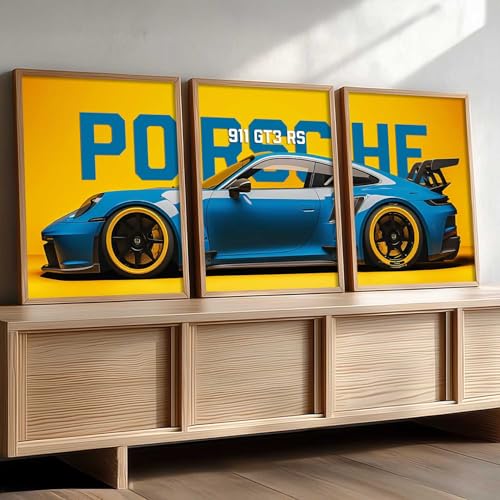 Image of HOMESY Sports Car Framed Posters Gift Items for Boys Room | Wall Decoration for Bedroom Living Room Office Gaming Room Decor | Sports Car Poster with Frame for Wall Decor Set Of 3 Size (13x17 inch, BROWN)