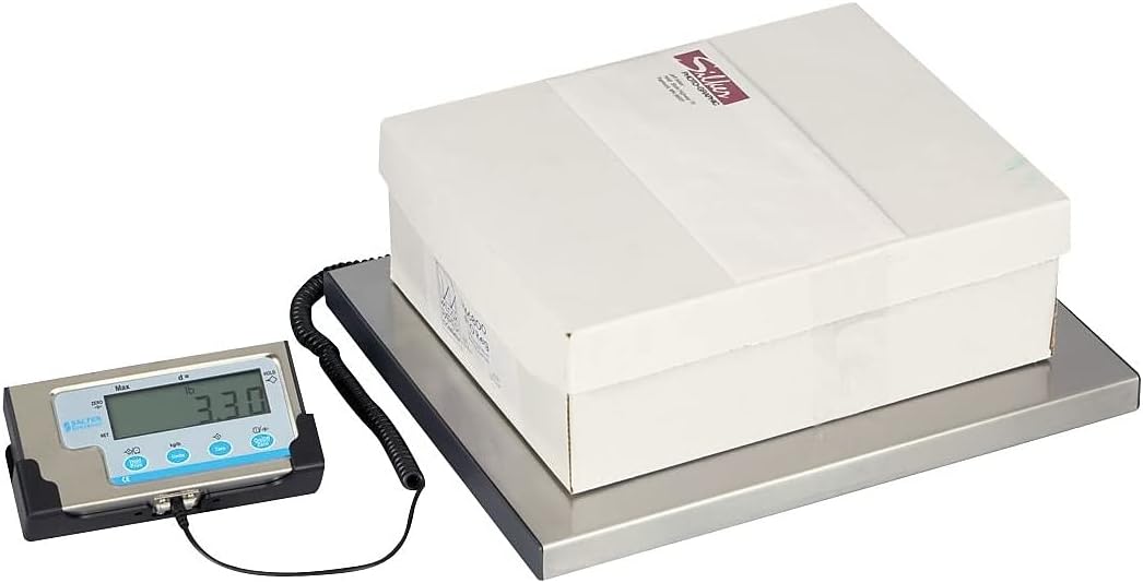 Brecknell LPS150 scale with a white box on the platform, displaying a weight of 3.30 lbs.