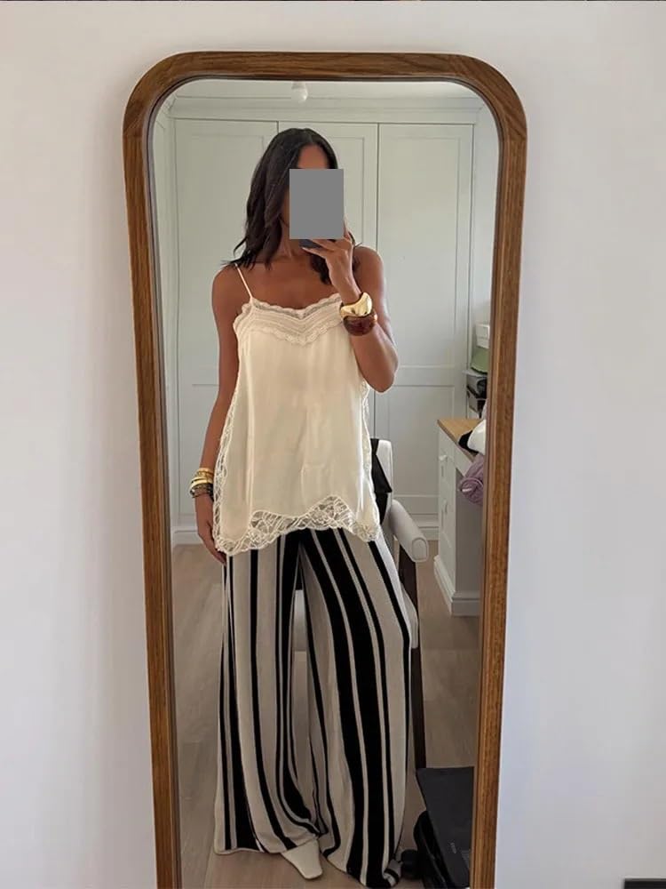 Top de Encaje Retazos con Tirantes y Cuello en V sin Mangas Abertura Lateral, Chaleco Color sólido, Tops Fiesta Vacaciones for Mujer(Pink,S)