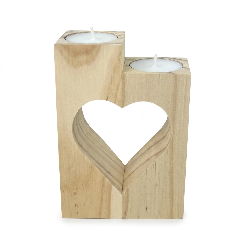 Twin Heart Wooden Tea Light Holders | Interlocking Half-Heart Candle Set | Natural Pine Wood Romantic Wedding & Valentine’s Décor | Two Hearts Becoming One Keepsake