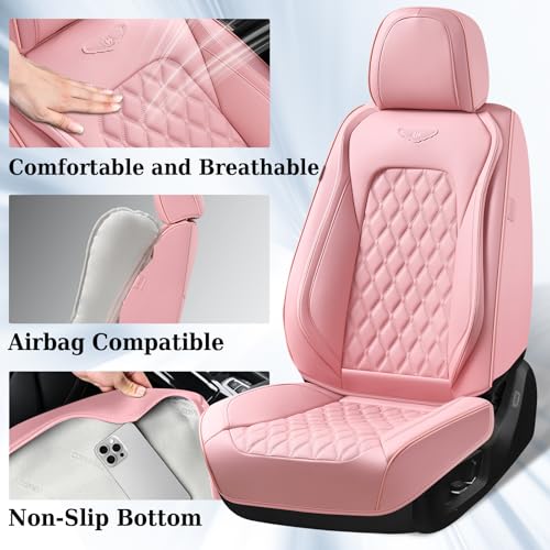 Image of Coverado Full Set Car Seat Covers, Luxury Faux Leather Waterproof Seat Covers, Pink Car Seat Protectors, Universal Fit for Most Cars, Automotive Seat Covers-Pink