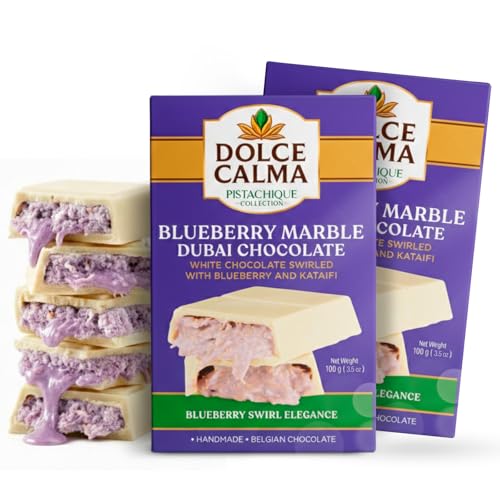 Dolce Calma Blueberry Dubai Chocolate Bar Ships With Two Ice Gel Packs (100g - 3.5oz) – Authentic Handmade Belgian Chocolate with Turkish Pistachio & Crispy Kataifi, Kunafa Filling, No Palm Oil, Pack of 2