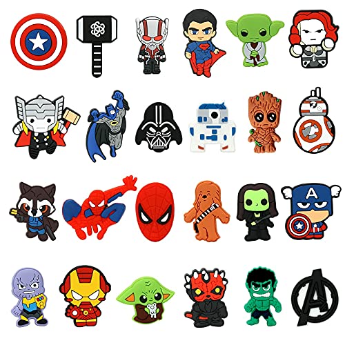 cxwind 24PCS Superhero Cartoon Shoe Charms Fits for Kids, Shoes Decoration Accessories Charms, Assorted Bracelet Wristband Charms for Teens Boys Girls Adults Party Gifts Favor