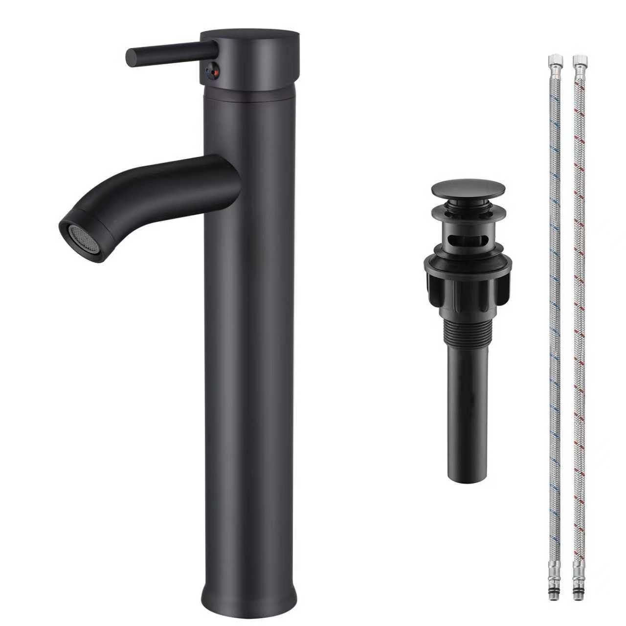 Matte Black Bathroom Faucet Single Handle Bathroom Sink Faucet with Pop-Up Drain Vessel Sink Faucet Tall Modern for