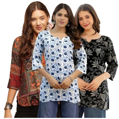 Image of Women's Printed Short Kurti Tops Rayon Cotton Blend Tunic Combo