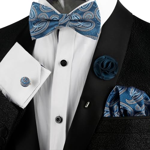 Image of Alizeal Mens 4pcs Vintage Paisley Bow Tie Set | Pre-tied Pocket Square Cufflinks Boutonniere for Wedding Everyday Use