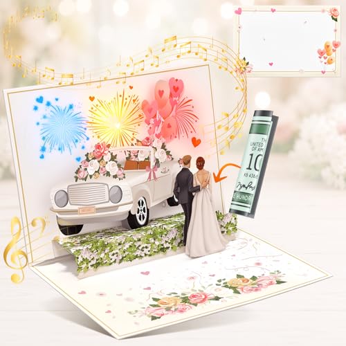 Hochzeitskarte mit Musik und Licht Just Married Karte für Braut und Bräutigam 3D Pop up Hochzeitsglückwunschkarte für die Tochter oder die Beste Freundin Geschenkgutschein für Hochzeiten