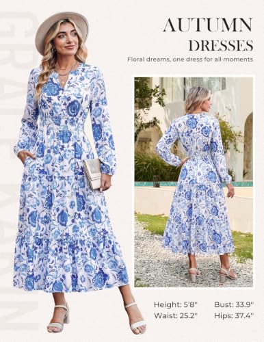 Image of GRACE KARIN Women's Floral Maxi Dress 2026 Fall Long Sleeve V Neck Empire Waist A Line Flowy Dress with Pocket