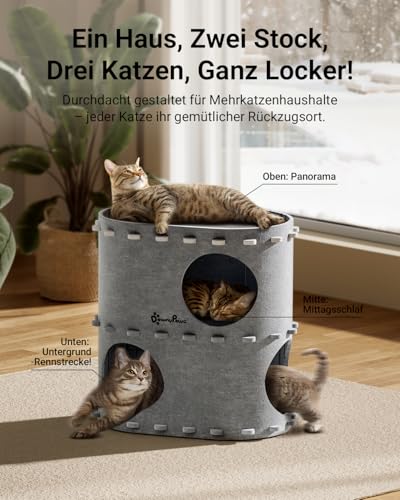 DownyPaws Katzenhöhle aus Filz, 2-stöckige Katzenbett, 50 x 33 x 50 cm Schloss Katzenhaus zum Spielen, Warmes Design, Schutz der Katzennägel, Grau
