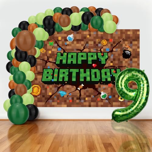 SAVITA Kit Guirnalda Globos Pixelados, Temática Videojuegos Decoración para Fiestas de Cumpleaños de Niños Incluye Pancarta Fondo 150x100 cm y Globo Numérico (9)