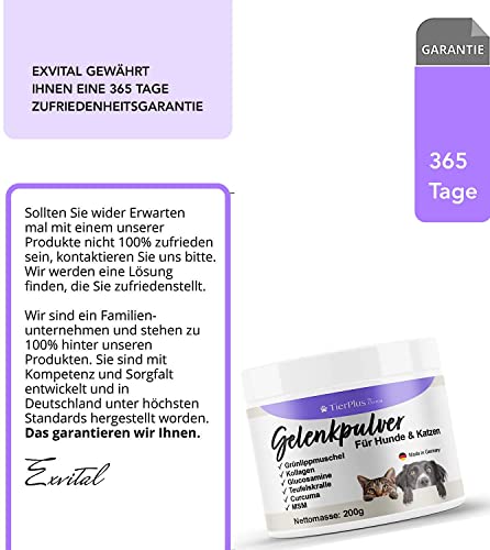 TierPlus Gelenkpulver für Hunde & Katzen, mit Grünlippmuschel, MSM, Kollagen, Glucosamin, Teufelskralle, Curcuma. Mehr Bewegungsfreude, Hohe Fressakzeptanz, 200g Pulver, hochdosiert & Made in Germany