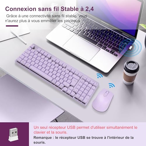 LeadsaiL Clavier Souris Mécanique sans Fil, FA98 Low Profile Ensemble Clavier et Souris avec Interrupteur Rouge, Français AZERTY, Connexion 2.4Ghz, 98 Touches for Windows MacOS Computer PC-Pourpre – vue 5
