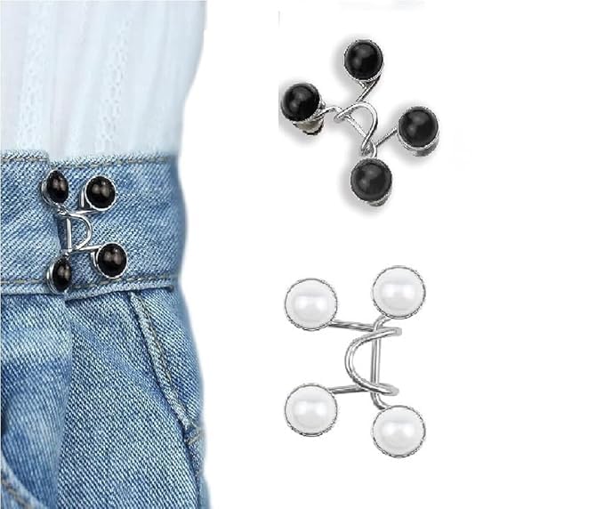 Image of YEKDA Denim Button Kit - 2 PCS Assorted Jeans Buttons for Quick Fix & DIY Adjustment - No-Sew Snap-On Metal Buttons for Pants, Skirts, Shorts - Easy Waist Size Control (Black & White Pearl)