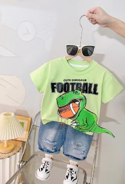 Image of Bold N Elegant Kids Dinosaur Football Cotton Half Sleeve T-Shirt with Denim Shorts Set for Infant Toddler Baby Boys Girls