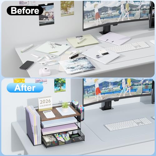 Image of gianotter Desk Organizers and Accessories with File Holder, 4-Tier Desk Accessories & Workspace Organizers with Drawer and 2 Pen Holder, Paper Organizer for Office Supplies (Wood)