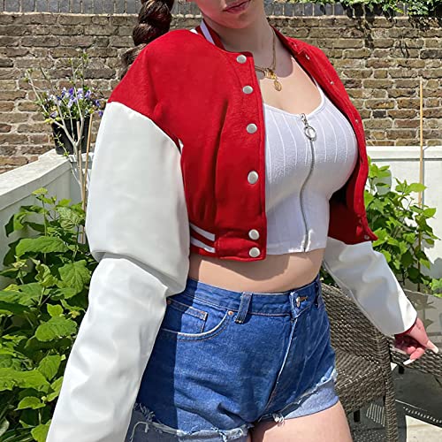 Xaspee Women's Casual Baseball Jacket Faux Leather Colorblock Button Crop Bomber Jacket (S, Red) #TOP2