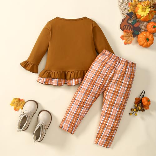 Noubeau Toddler Baby Girl Thanksgiving Outfits Cute Turkey Ruffled Shirt Flared Sleeves Top Polka Dot Pants2