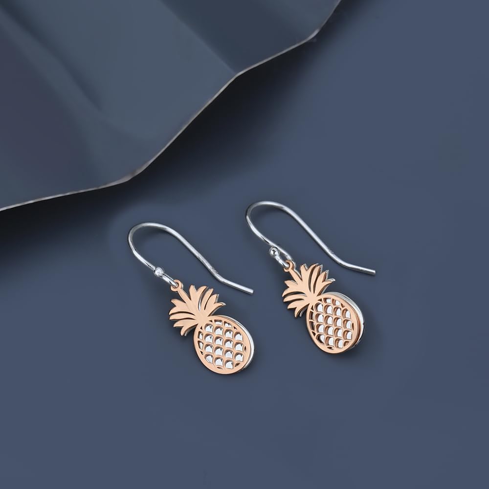 Vanbelle Sterling Silver Two Tone Jewelry Rose Gold Plated with 925 Stamp - Light Weight Pineapple Earrings with French Hook and Anti-tarnish coated for Women