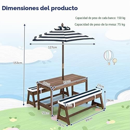 Juego de asientos para niños, mesa de picnic con sofás, almohadas y sombrillas, grupo de asientos de madera, para exteriores, muebles de jardín para jardín, patio trasero, terraza (azul)