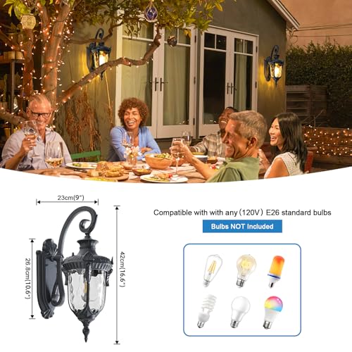 Outdoor Wall Lights, Waterproof Aluminum Porch Wall Light for Outside House, Patio, Yard, Garden, Black Gooseneck Exterior Wall Sconce, Hardwired Outdoor Acorn Shape Lantern Lamp, Water Ripple Glass