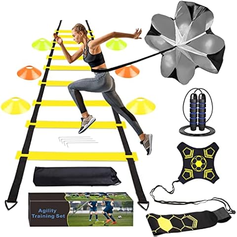 YGORTECH Football Training Equipment, Speed Agility Training Set, Football Kick trainer, Agility Ladder, Resistance Parachute, 6 Disc Cones & Jumping Rope, Football Skills Equipment for Kids+Gift Box Cover