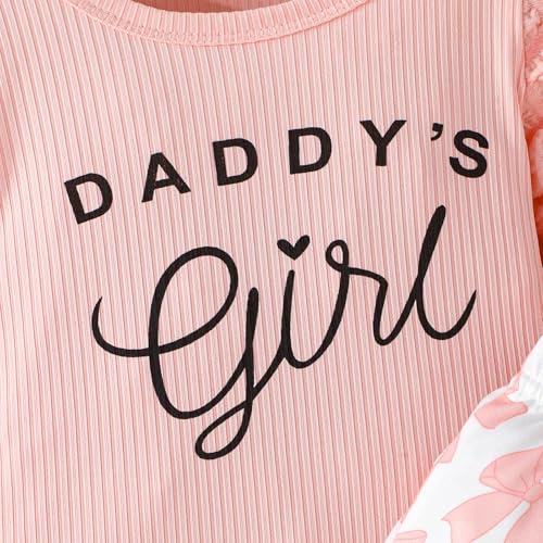 Baby Toddler Girl Outfits Daddy's Girl Print Bubble Long Sleeve Round Neck Pullover + Bow Print Flared Pants 2 Pcs Set3