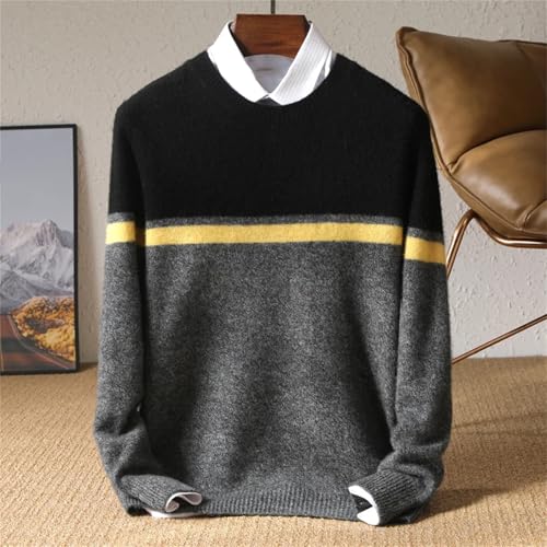Men’S Merino Wool Patchwork Sweater Color Block O-Neck Pullover Loose Fit Long Sleeve Thick Jumper Tops3