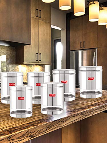 Image of HAZEL Stainless Steel Containers Set for Kitchen | 2200 ml Each Storage Transparent See Through Glossy Finish Storage Jars Dabba, Set of 6