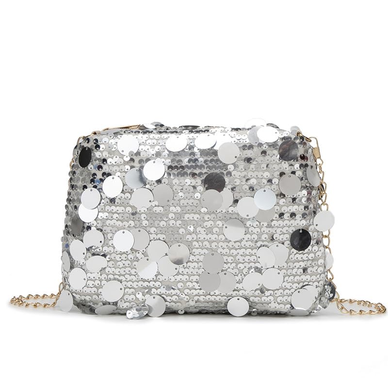 Bolsa de mão feminina grande de lantejoulas para noite bolsa transversal com corrente de elos bolsa clutch glitter brilhante bolsa de formatura presente de festa de formatura, Prata, 10 x 10 x 1 cm