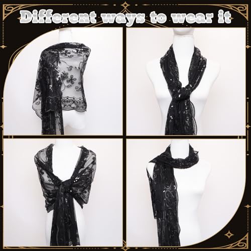 1920s Glittering Women's Shawls Sequin Mesh Scarf Cape Sparkly Sheer Fringed Wraps Shawl 20s Gloves for Evening Wedding Party4