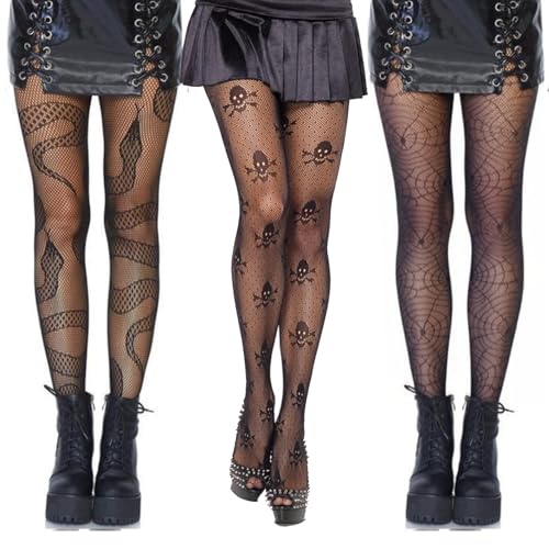 HUSHRICH 3Pairs Halloween Patterned Tights for Women Spiderweb Snake Skull Fishnet Tights Ladies Pattern Pantyhose Stockings Halloween Goth Mesh Stockings Womens