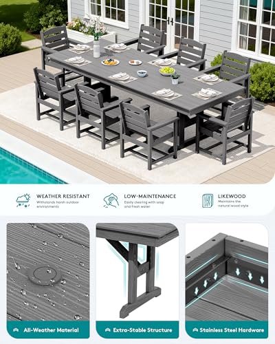 Image of SERWALL 9 Piece 84 inch HDPE Outdoor Dining Set for 8 with Armchairs and Umbrella Hole, Gray