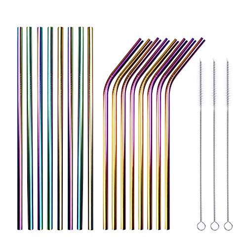 Bruphny - Juego de 8 pajitas metálicas de Acero Inoxidable con 3 cepillos de Limpieza (8 Rectas, 8 curvadas y 3 cepillos)