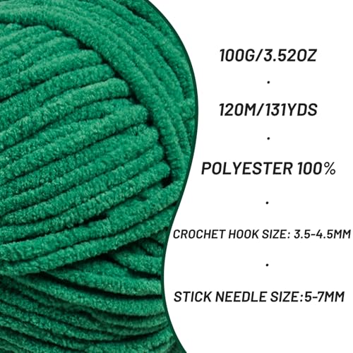 Image of 3 Packs Plush Chenille Chunky Crochet Yarn - Baby Yarn for Crocheting Soft - Velvet Yarns Knitting for Blankets Crafts - Fluffy Amigurumi Yarns 300g / 393yd (3 Greener)