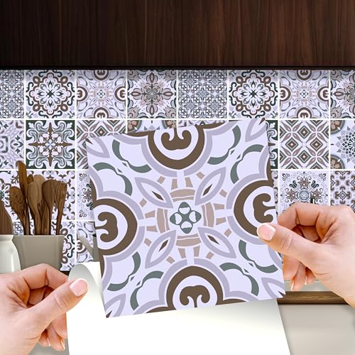 WALPLUS Credence 15x15cm Stickers Muraux Salle de Bain Amovible Autocollant Carrelage Cuisine Résistant à la Chaleur Rénovation Vintage Victorian Marron...