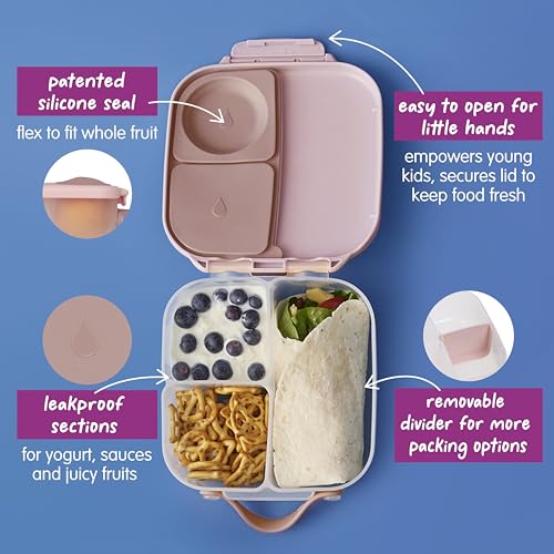 Image of b.box Mini Lunch Box Kids | 4.25 Cup Leak Proof Bento Box for Kids Ages 3+ | 3 Compartment Snack Containers, School Lunch Container, Dishwasher Safe, BPA-Free, PFAS-Free - Blush Crush